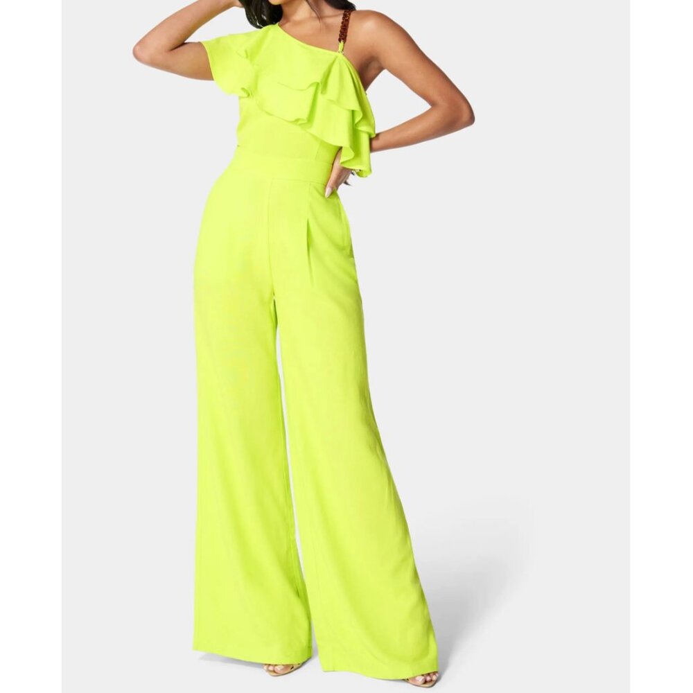 Bebe Asymmetric Ruffle Neck Wide Leg Jumpsuit - NWT